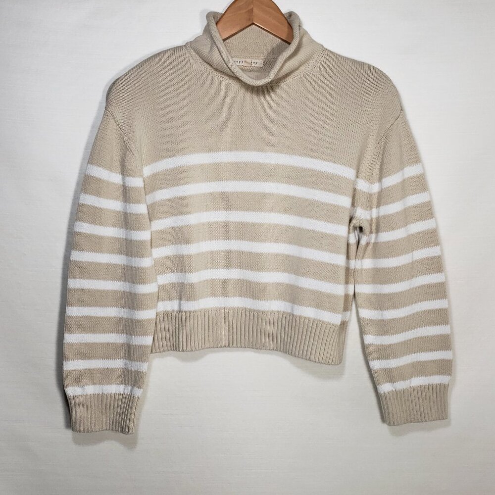 Copper Key Thick knitted mock roll neck sweater white beige striped womens Small - Picture 6 of 6